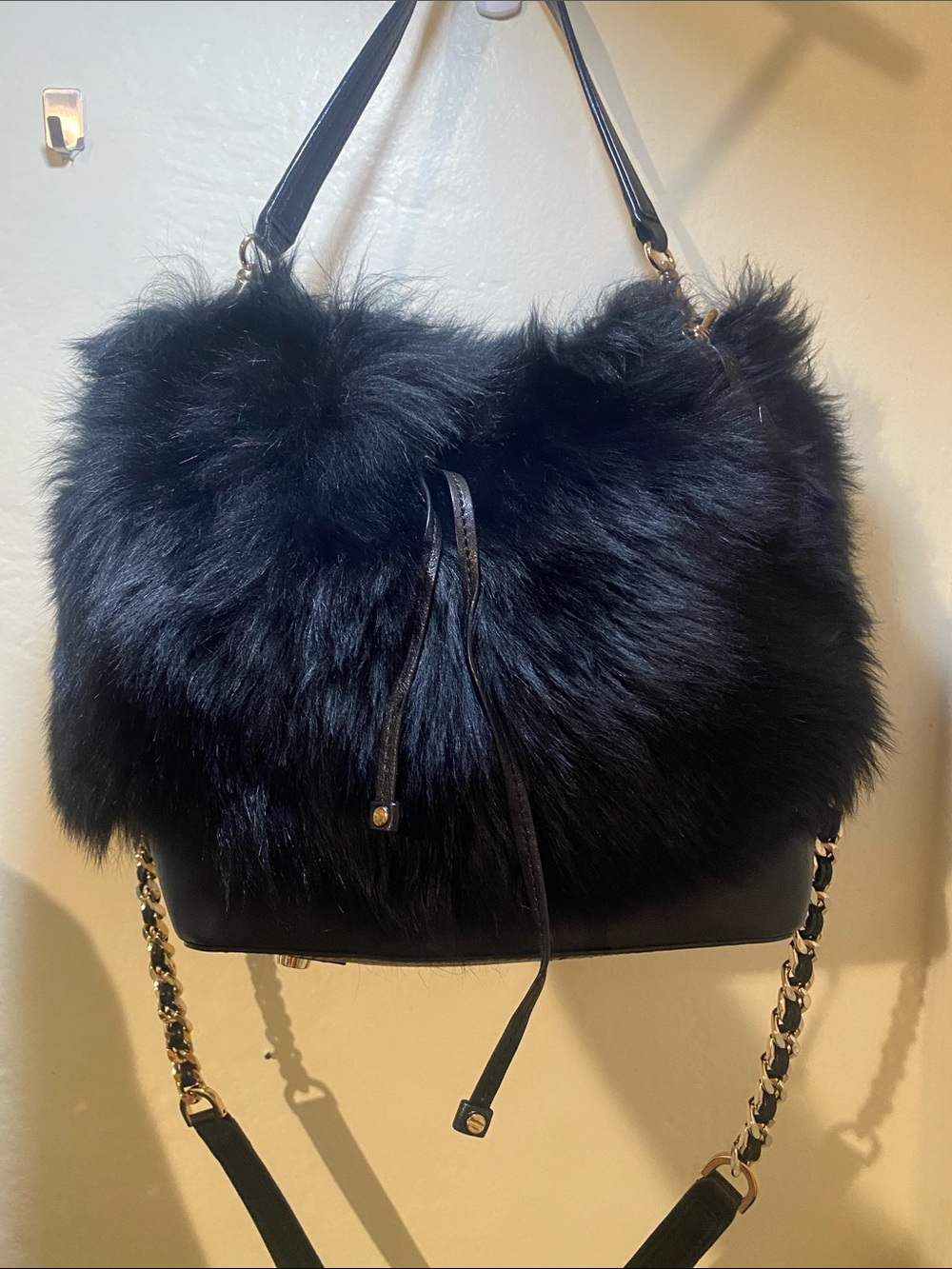 Black Faux Fur Shoulder Bag with Chain Strap